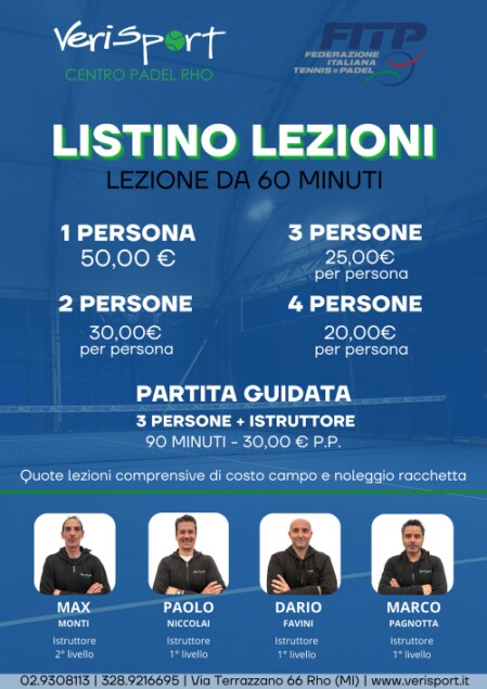 LISTINO LEZIONI PRIVATE PADEL SCUOLA PADEL RHO